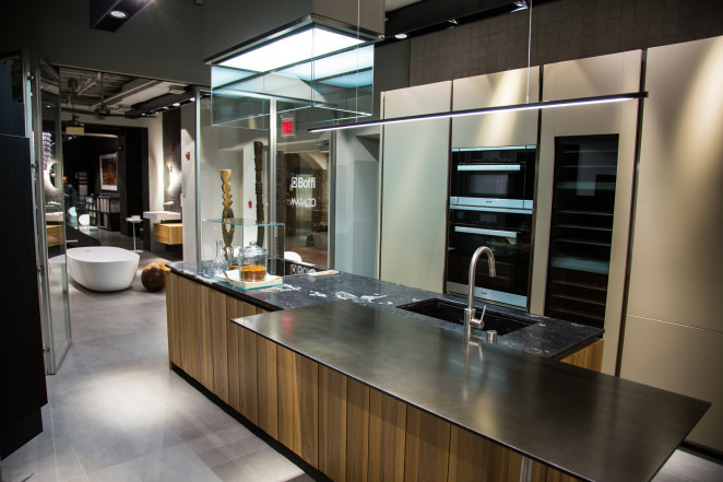 The remodeled Boffi Georgetown showroom featuring the new Xila kitchen among the Boffi kitchens, baths and wardrobe systems, as well as Maxalto furnishings.